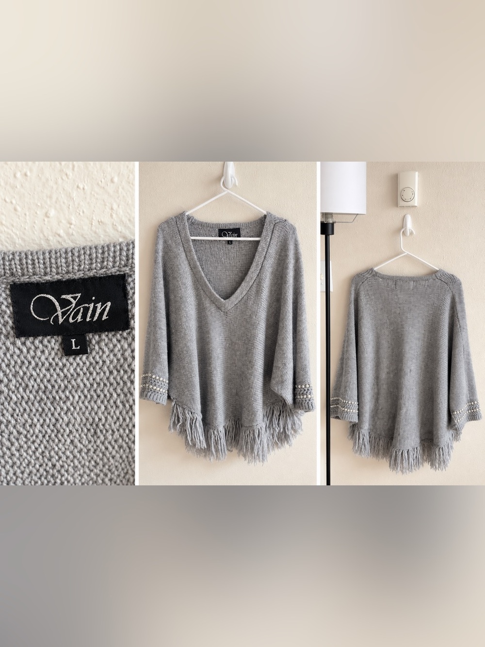 Grey V-Neck Fringe Poncho with Beaded Cuffs